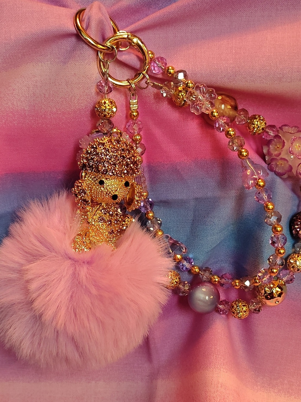 Pink Faux Fur Poodle Keychain Charm with Gold-tone Beads